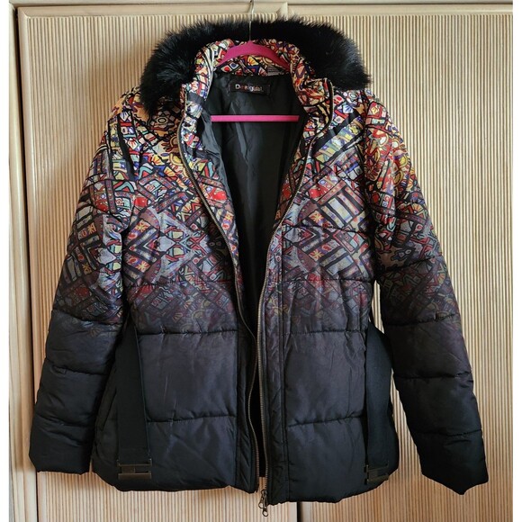 Desigual Women's Puffer Jacke Size 44 US Large Colorful Pattern Removable Collar - Picture 2 of 7